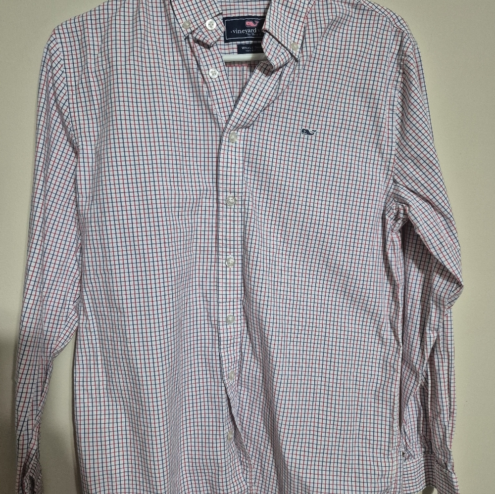 Vineyard Vines Whale Shirt Boys Youth Button Down White Blue Red Stripes. Size X